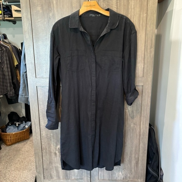 PRANA Medium Shirt Dress La Noa Long Roll Tab Sleeve Button Black Hemp Blend - Picture 2 of 13